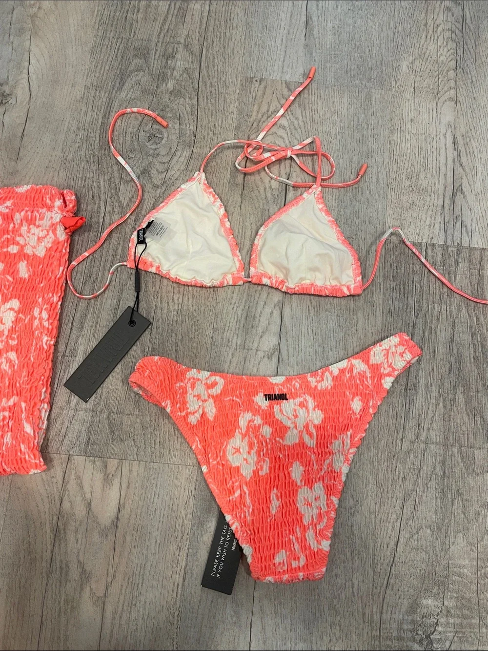 triangl swimwear Coral and White Floral Textured Bikini Set
